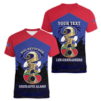 Personalized Les Grenadiers Haiti Football Women V-Neck T-Shirt 2026 Nou Retounen Blue Version - Wonder Print Shop