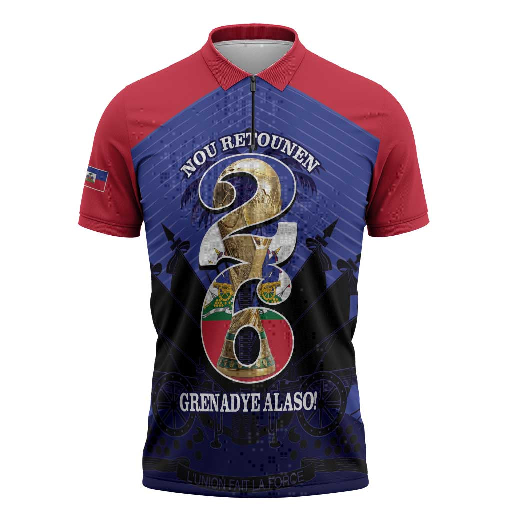Personalized Les Grenadiers Haiti Football Zipper Polo Shirt 2026 Nou Retounen Blue Version - Wonder Print Shop