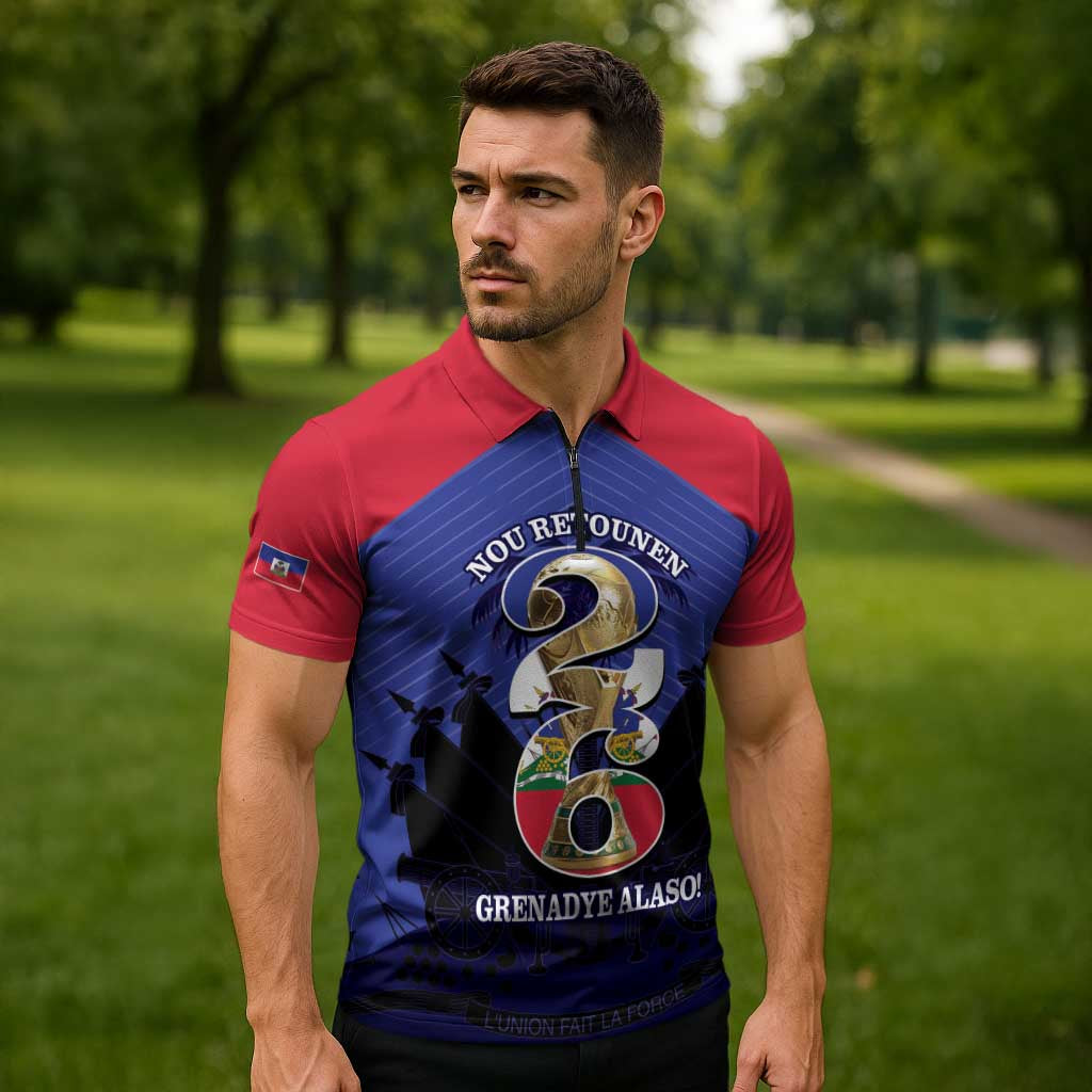Personalized Les Grenadiers Haiti Football Zipper Polo Shirt 2026 Nou Retounen Blue Version - Wonder Print Shop