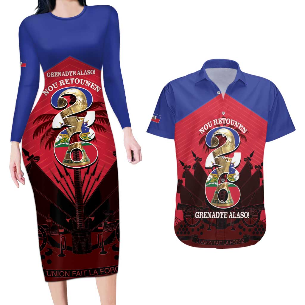 Personalized Les Grenadiers Haiti Football Couples Matching Long Sleeve Bodycon Dress and Hawaiian Shirt 2026 Nou Retounen Red Version - Wonder Print Shop