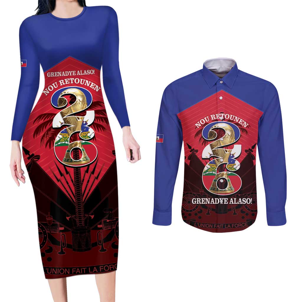 Personalized Les Grenadiers Haiti Football Couples Matching Long Sleeve Bodycon Dress and Long Sleeve Button Shirt 2026 Nou Retounen Red Version - Wonder Print Shop