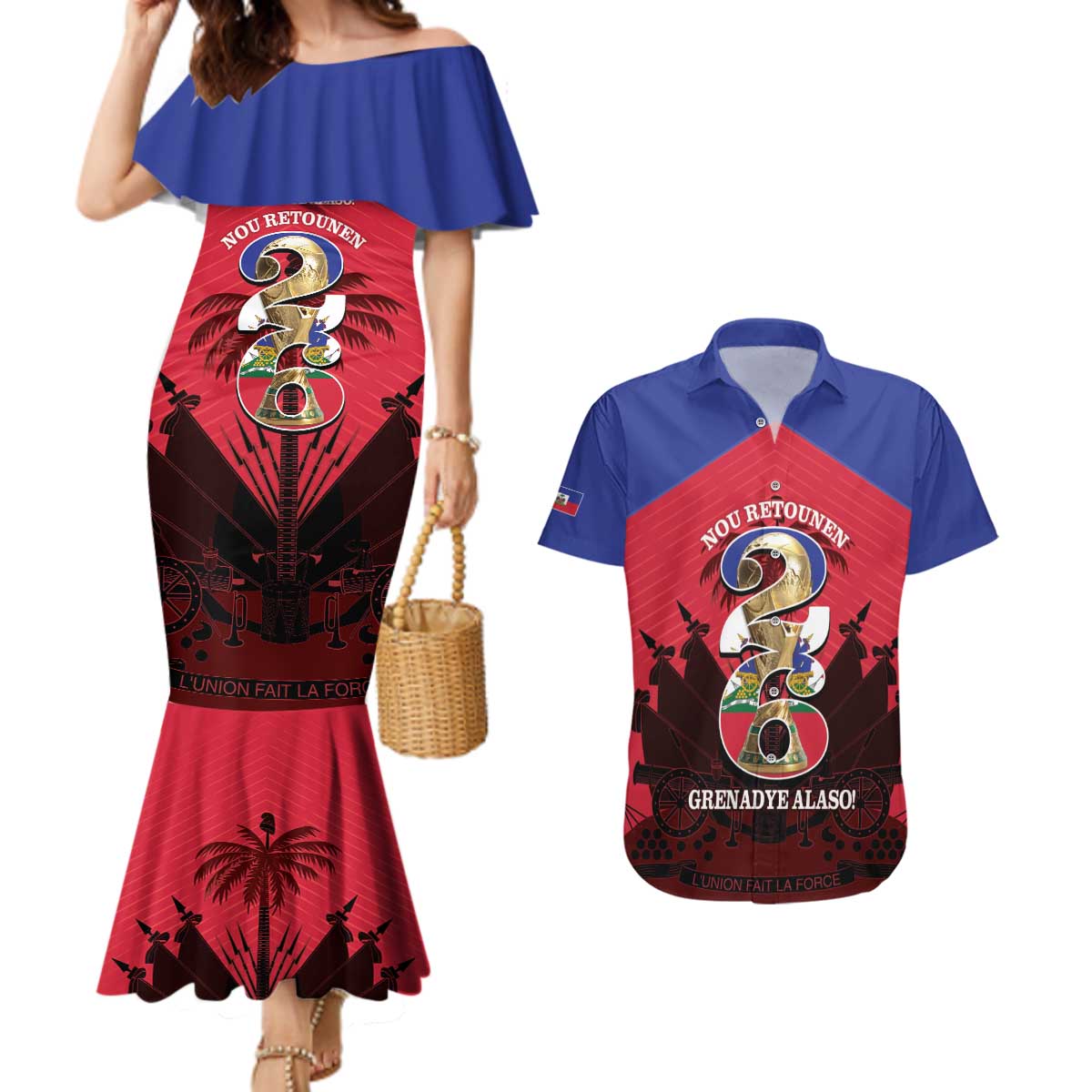Personalized Les Grenadiers Haiti Football Couples Matching Mermaid Dress and Hawaiian Shirt 2026 Nou Retounen Red Version - Wonder Print Shop