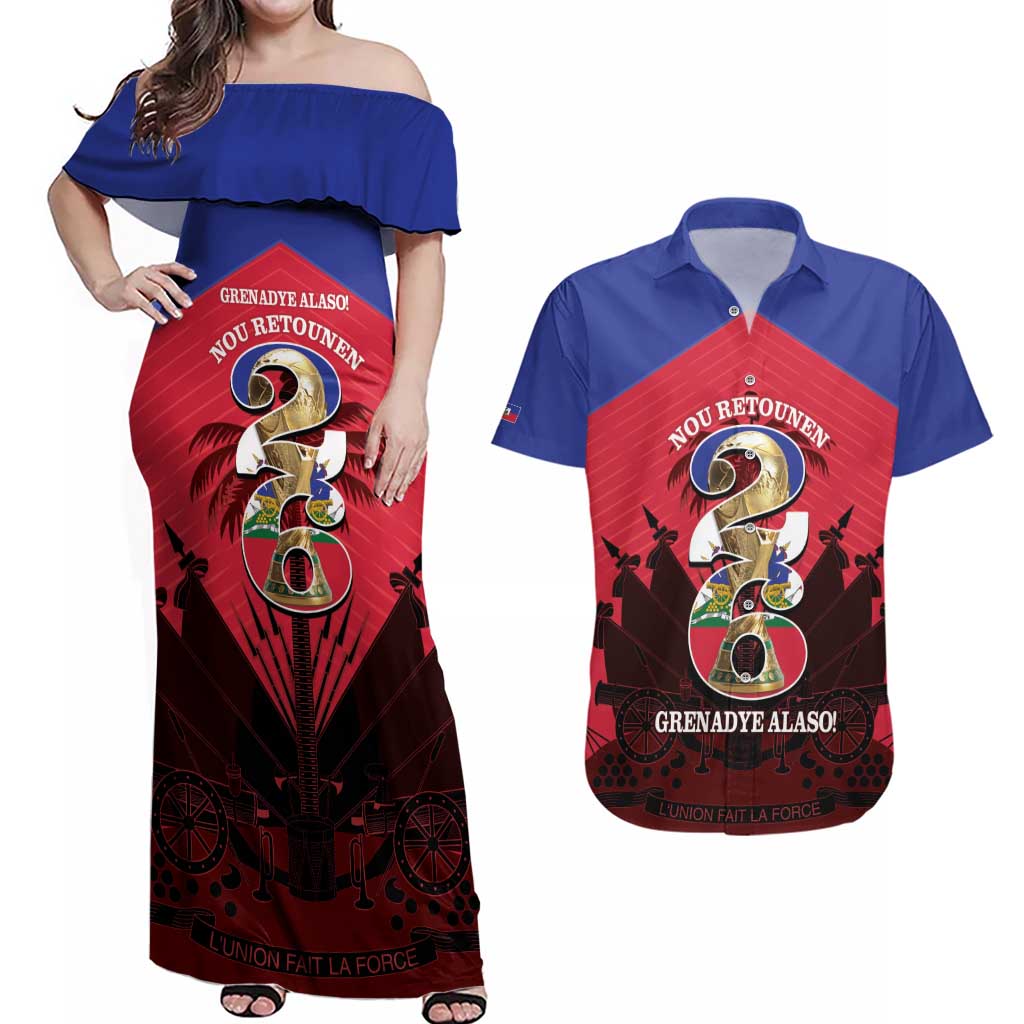 Personalized Les Grenadiers Haiti Football Couples Matching Off Shoulder Maxi Dress and Hawaiian Shirt 2026 Nou Retounen Red Version - Wonder Print Shop