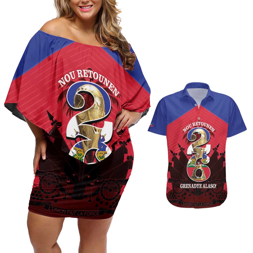 Personalized Les Grenadiers Haiti Football Couples Matching Off Shoulder Short Dress and Hawaiian Shirt 2026 Nou Retounen Red Version - Wonder Print Shop