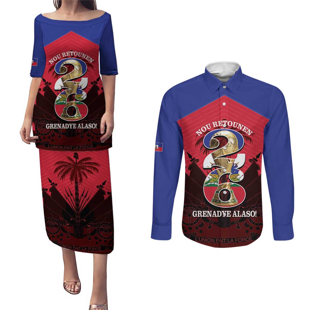 Personalized Les Grenadiers Haiti Football Couples Matching Puletasi and Long Sleeve Button Shirt 2026 Nou Retounen Red Version - Wonder Print Shop