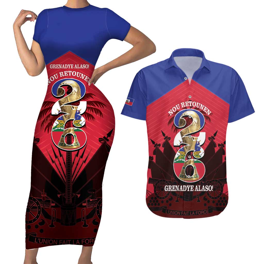 Personalized Les Grenadiers Haiti Football Couples Matching Short Sleeve Bodycon Dress and Hawaiian Shirt 2026 Nou Retounen Red Version - Wonder Print Shop