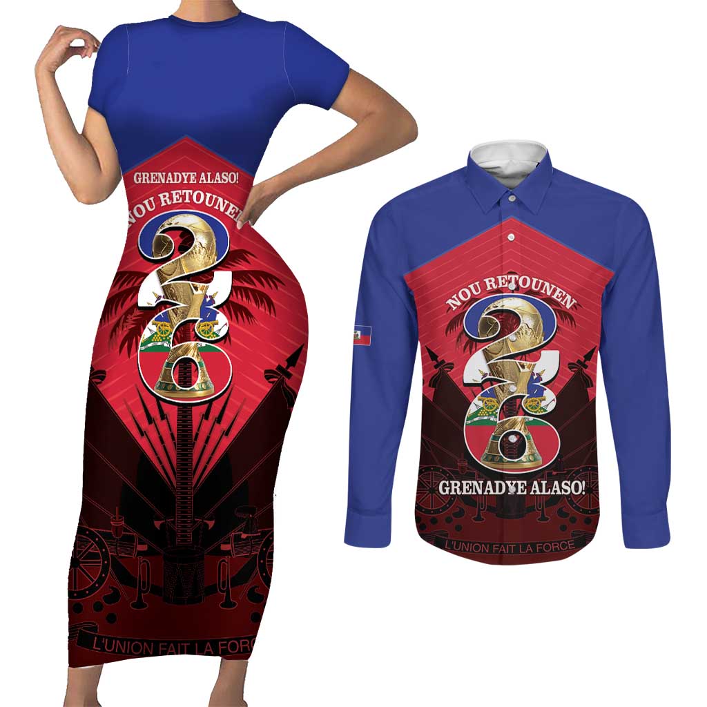 Personalized Les Grenadiers Haiti Football Couples Matching Short Sleeve Bodycon Dress and Long Sleeve Button Shirt 2026 Nou Retounen Red Version - Wonder Print Shop