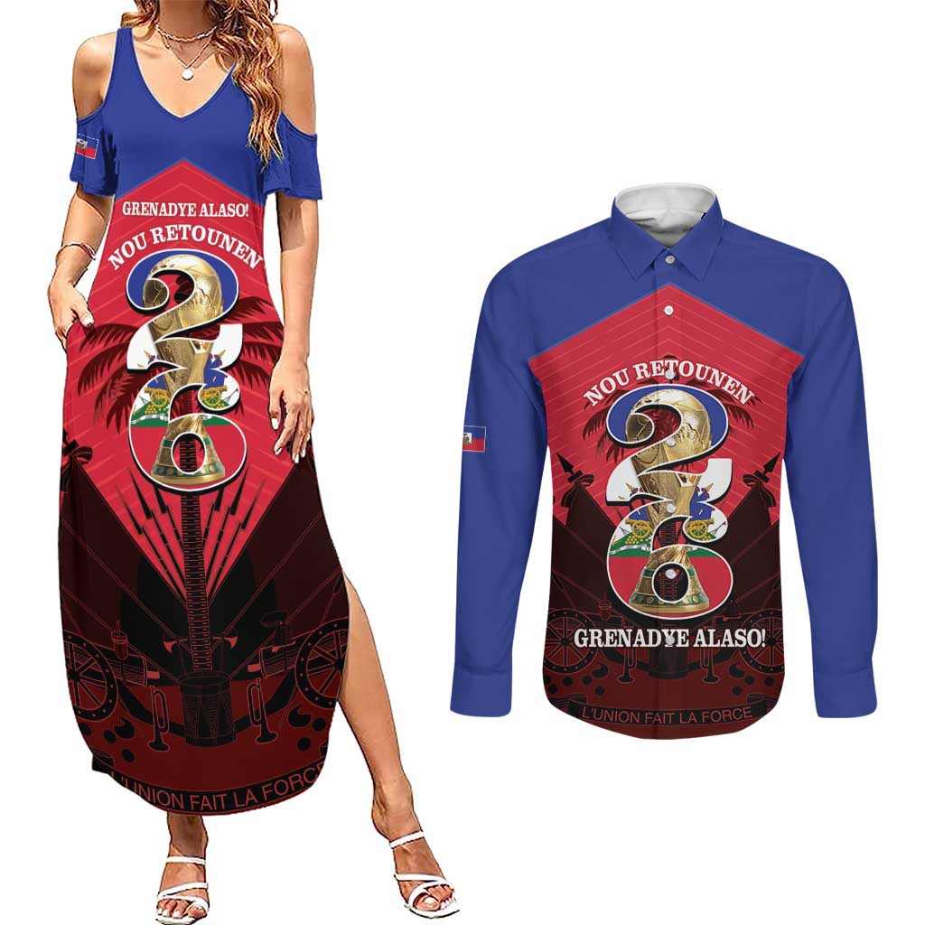 Personalized Les Grenadiers Haiti Football Couples Matching Summer Maxi Dress and Long Sleeve Button Shirt 2026 Nou Retounen Red Version - Wonder Print Shop