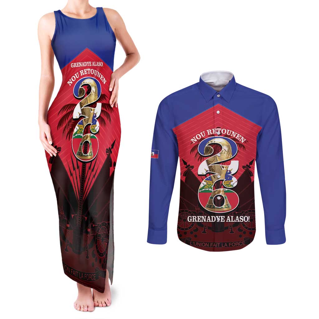 Personalized Les Grenadiers Haiti Football Couples Matching Tank Maxi Dress and Long Sleeve Button Shirt 2026 Nou Retounen Red Version - Wonder Print Shop