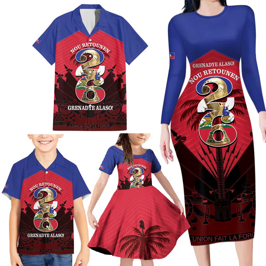 Personalized Les Grenadiers Haiti Football Family Matching Long Sleeve Bodycon Dress and Hawaiian Shirt 2026 Nou Retounen Red Version - Wonder Print Shop