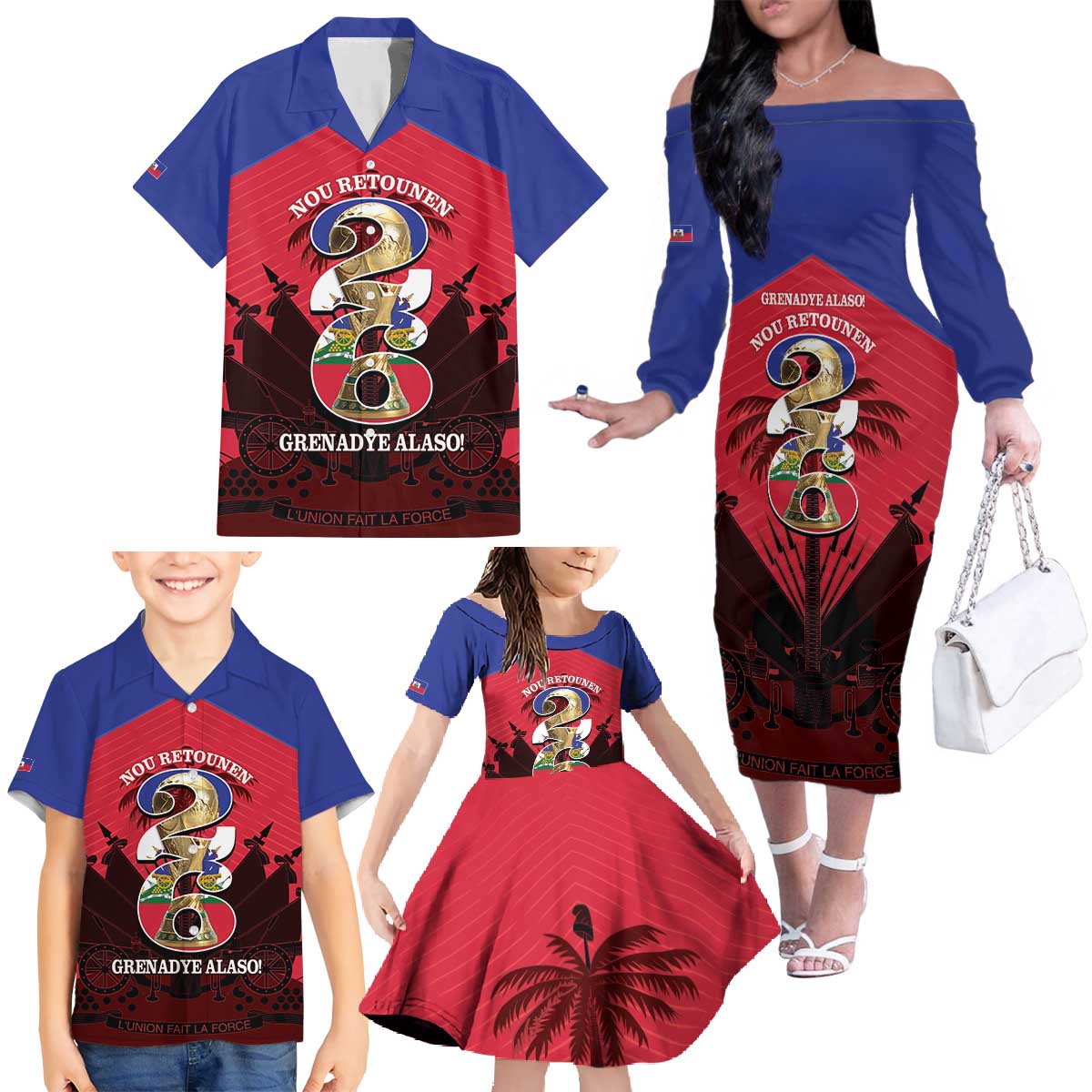 Personalized Les Grenadiers Haiti Football Family Matching Off The Shoulder Long Sleeve Dress and Hawaiian Shirt 2026 Nou Retounen Red Version - Wonder Print Shop