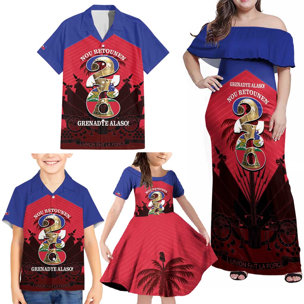 Personalized Les Grenadiers Haiti Football Family Matching Off Shoulder Maxi Dress and Hawaiian Shirt 2026 Nou Retounen Red Version - Wonder Print Shop