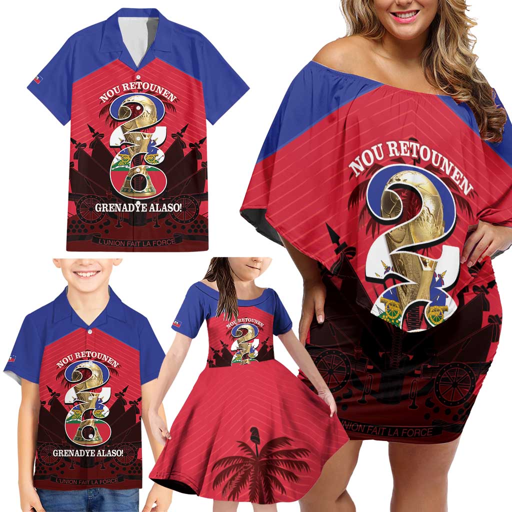 Personalized Les Grenadiers Haiti Football Family Matching Off Shoulder Short Dress and Hawaiian Shirt 2026 Nou Retounen Red Version - Wonder Print Shop