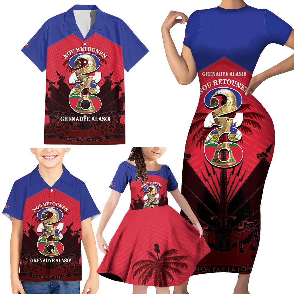 Personalized Les Grenadiers Haiti Football Family Matching Short Sleeve Bodycon Dress and Hawaiian Shirt 2026 Nou Retounen Red Version - Wonder Print Shop