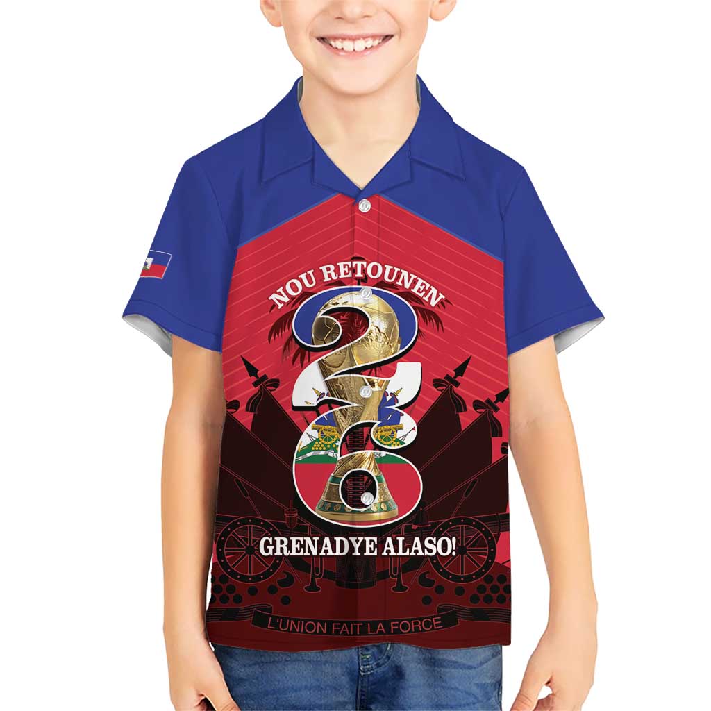 Personalized Les Grenadiers Haiti Football Kid Hawaiian Shirt 2026 Nou Retounen Red Version - Wonder Print Shop