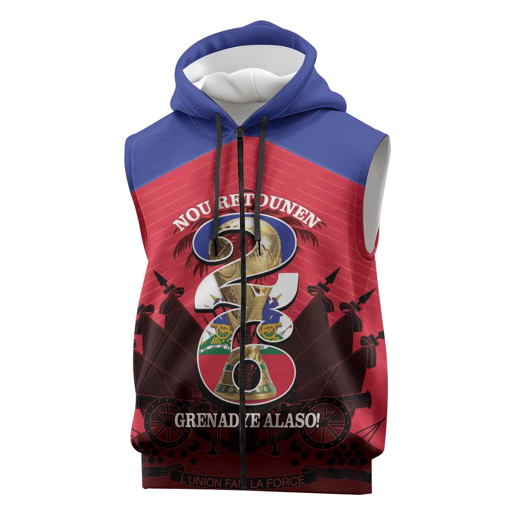 Personalized Les Grenadiers Haiti Football Sleeveless Zip Hoodie 2026 Nou Retounen Red Version - Wonder Print Shop