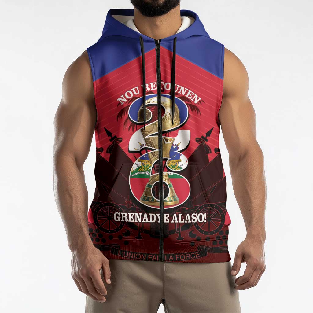 Personalized Les Grenadiers Haiti Football Sleeveless Zip Hoodie 2026 Nou Retounen Red Version - Wonder Print Shop