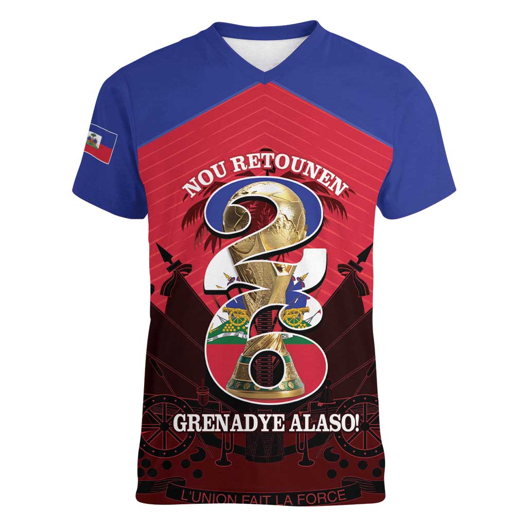 Personalized Les Grenadiers Haiti Football Women V-Neck T-Shirt 2026 Nou Retounen Red Version - Wonder Print Shop