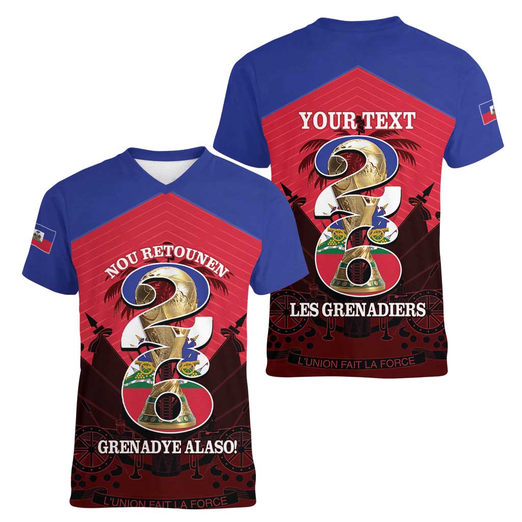 Personalized Les Grenadiers Haiti Football Women V-Neck T-Shirt 2026 Nou Retounen Red Version - Wonder Print Shop
