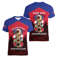 Personalized Les Grenadiers Haiti Football Women V-Neck T-Shirt 2026 Nou Retounen Red Version - Wonder Print Shop