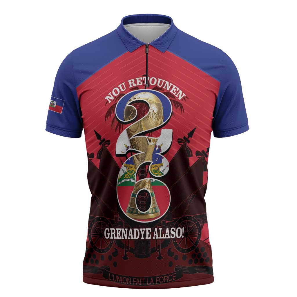 Personalized Les Grenadiers Haiti Football Zipper Polo Shirt 2026 Nou Retounen Red Version - Wonder Print Shop