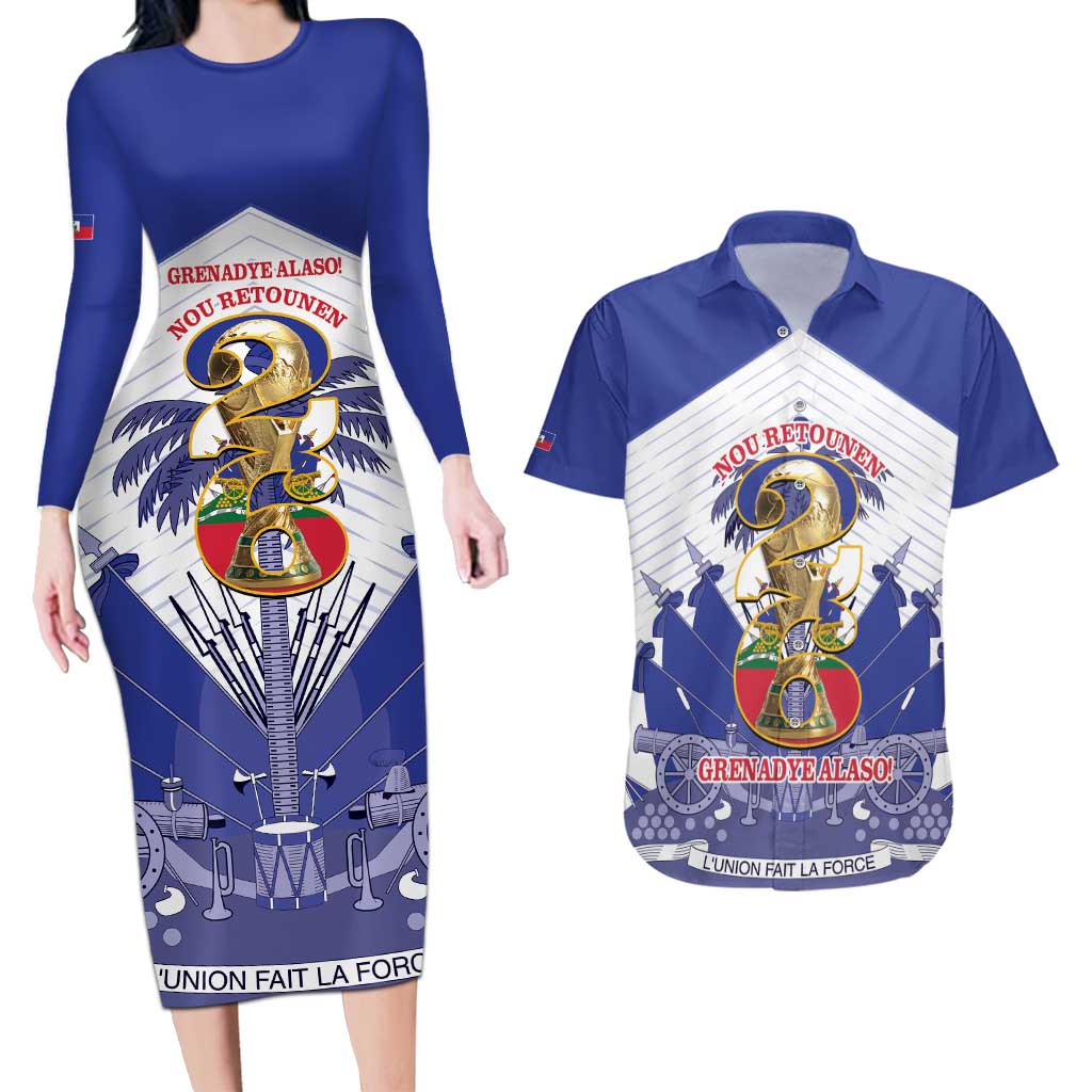 Personalized Les Grenadiers Haiti Football Couples Matching Long Sleeve Bodycon Dress and Hawaiian Shirt 2026 Nou Retounen White Version - Wonder Print Shop