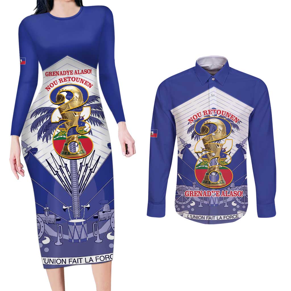 Personalized Les Grenadiers Haiti Football Couples Matching Long Sleeve Bodycon Dress and Long Sleeve Button Shirt 2026 Nou Retounen White Version - Wonder Print Shop