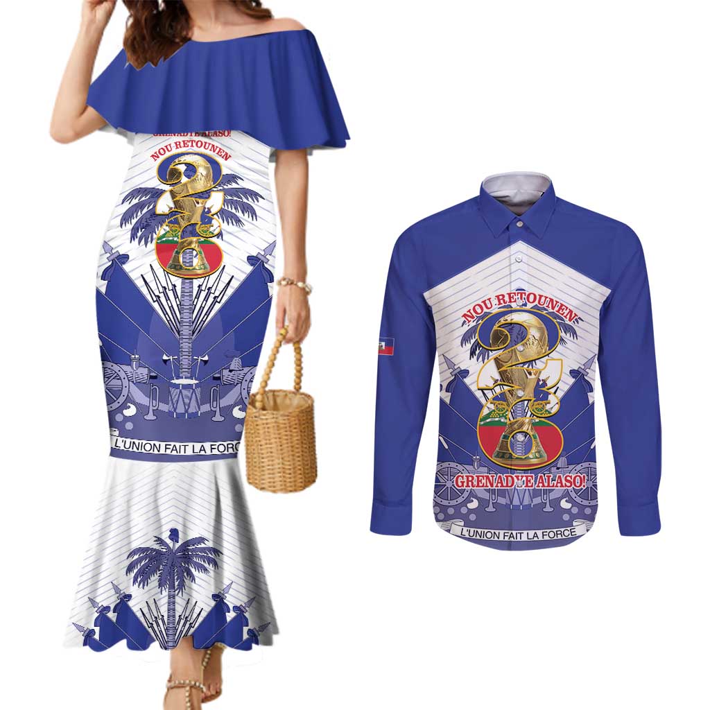 Personalized Les Grenadiers Haiti Football Couples Matching Mermaid Dress and Long Sleeve Button Shirt 2026 Nou Retounen White Version - Wonder Print Shop