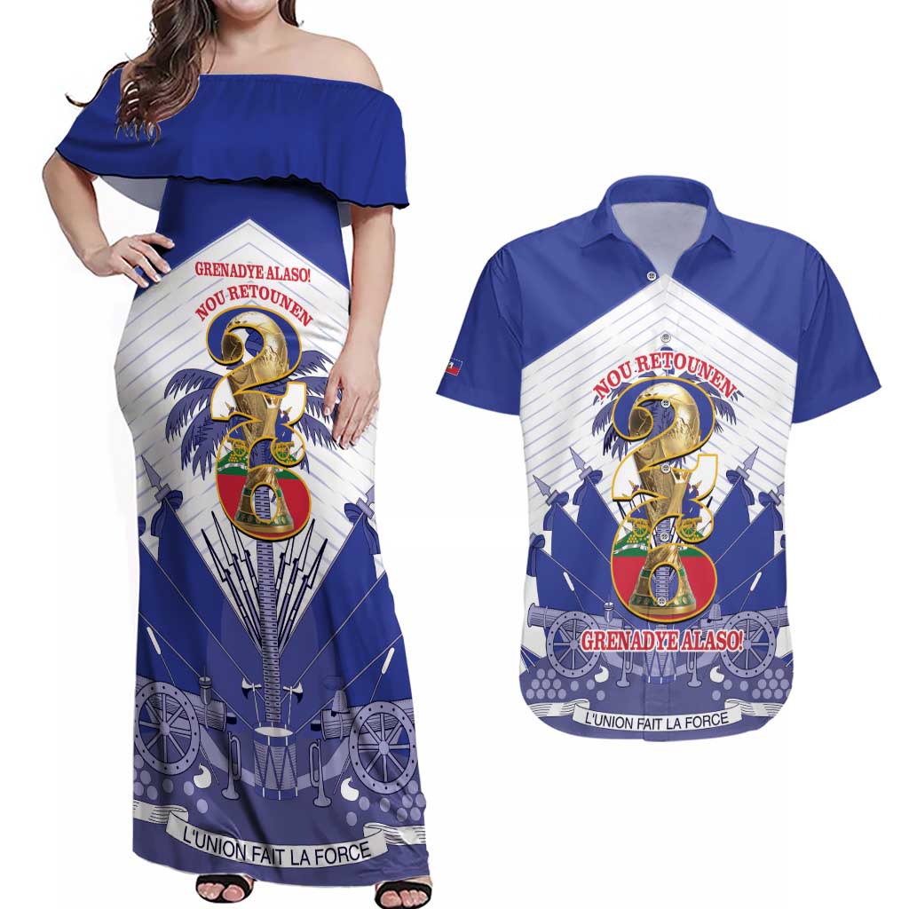Personalized Les Grenadiers Haiti Football Couples Matching Off Shoulder Maxi Dress and Hawaiian Shirt 2026 Nou Retounen White Version - Wonder Print Shop