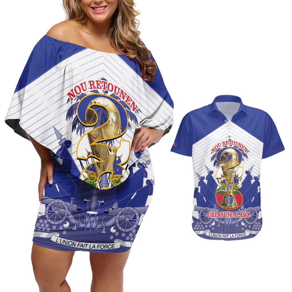 Personalized Les Grenadiers Haiti Football Couples Matching Off Shoulder Short Dress and Hawaiian Shirt 2026 Nou Retounen White Version - Wonder Print Shop