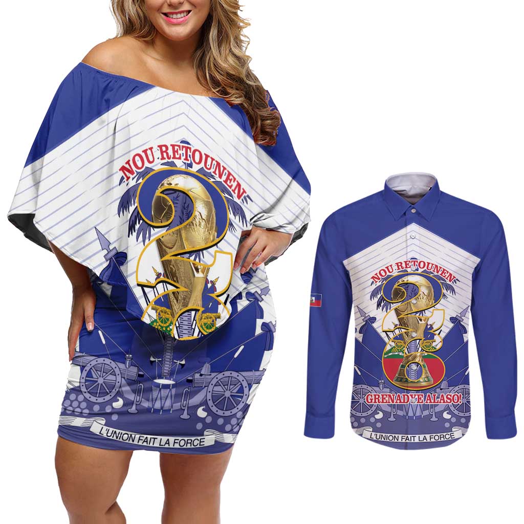 Personalized Les Grenadiers Haiti Football Couples Matching Off Shoulder Short Dress and Long Sleeve Button Shirt 2026 Nou Retounen White Version - Wonder Print Shop
