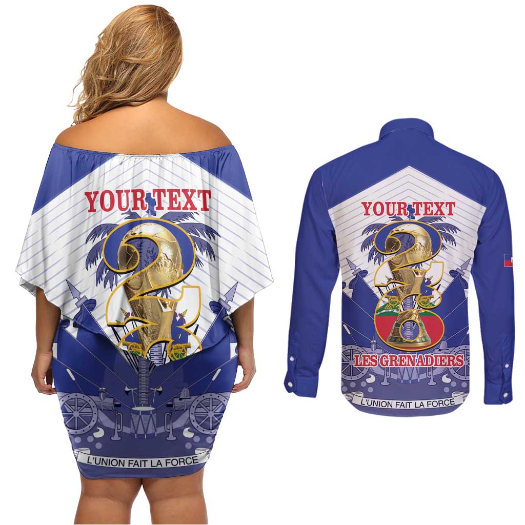 Personalized Les Grenadiers Haiti Football Couples Matching Off Shoulder Short Dress and Long Sleeve Button Shirt 2026 Nou Retounen White Version - Wonder Print Shop