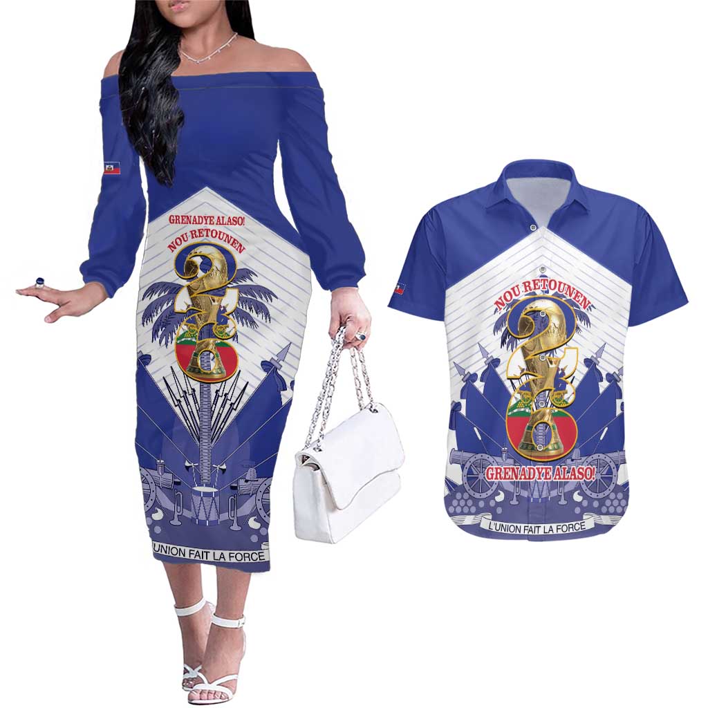 Personalized Les Grenadiers Haiti Football Couples Matching Off The Shoulder Long Sleeve Dress and Hawaiian Shirt 2026 Nou Retounen White Version - Wonder Print Shop