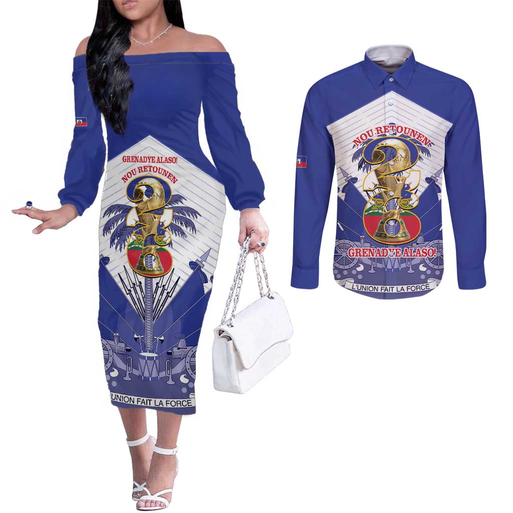 Personalized Les Grenadiers Haiti Football Couples Matching Off The Shoulder Long Sleeve Dress and Long Sleeve Button Shirt 2026 Nou Retounen White Version - Wonder Print Shop