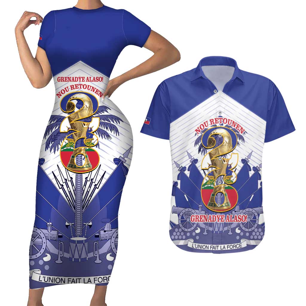 Personalized Les Grenadiers Haiti Football Couples Matching Short Sleeve Bodycon Dress and Hawaiian Shirt 2026 Nou Retounen White Version - Wonder Print Shop