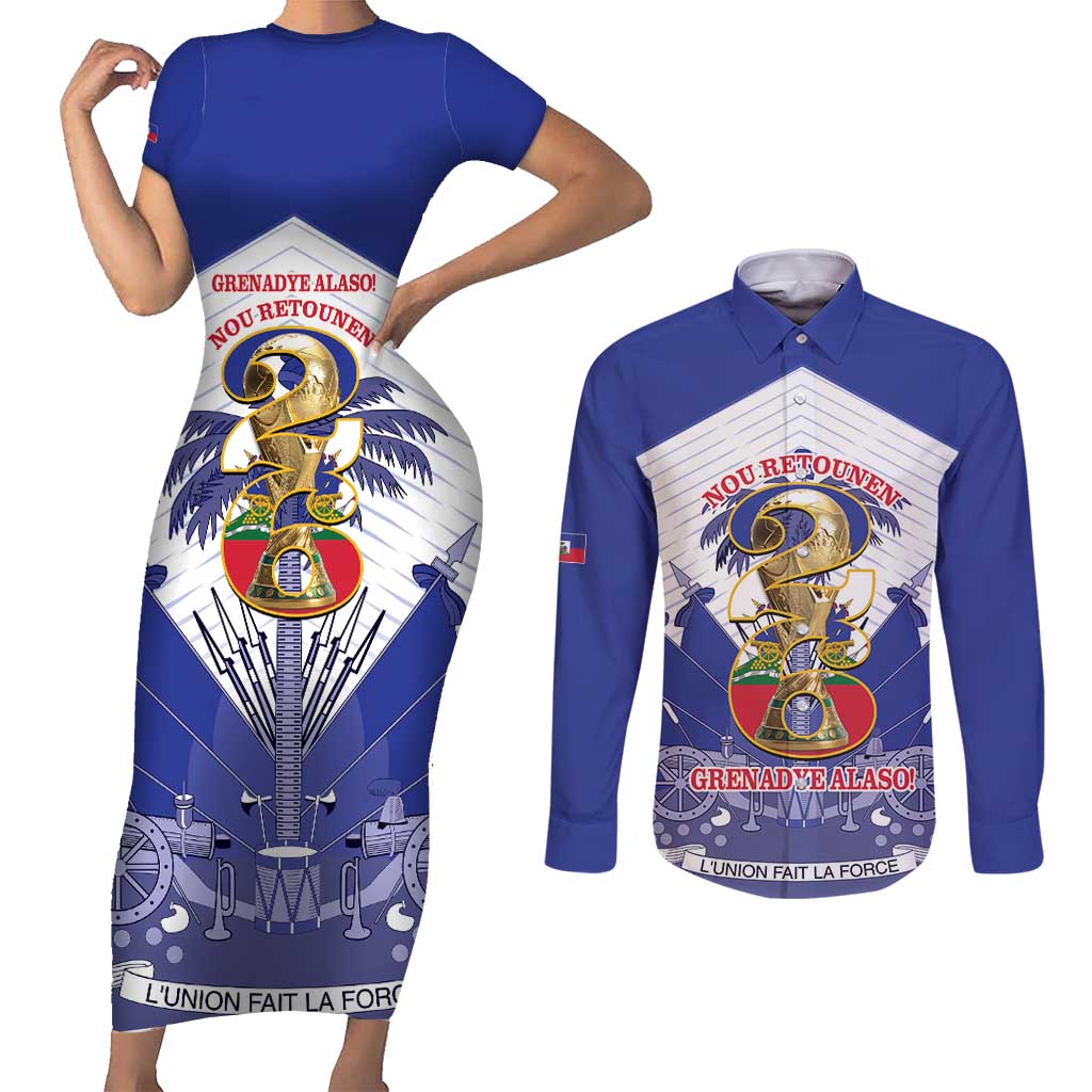 Personalized Les Grenadiers Haiti Football Couples Matching Short Sleeve Bodycon Dress and Long Sleeve Button Shirt 2026 Nou Retounen White Version - Wonder Print Shop