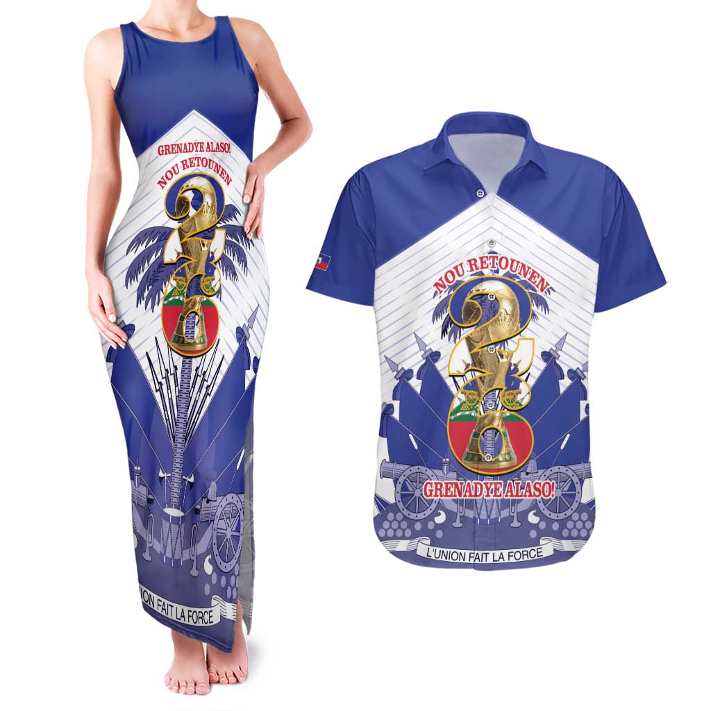 Personalized Les Grenadiers Haiti Football Couples Matching Tank Maxi Dress and Hawaiian Shirt 2026 Nou Retounen White Version - Wonder Print Shop