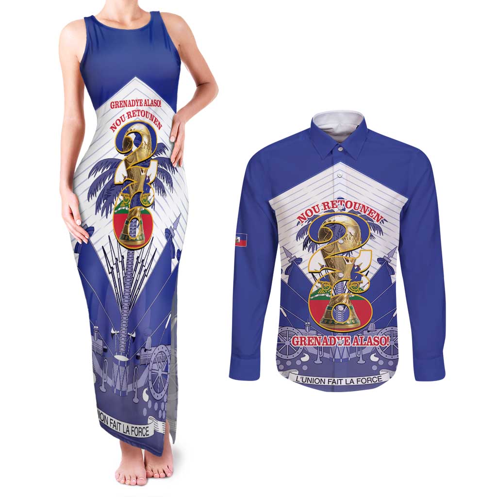 Personalized Les Grenadiers Haiti Football Couples Matching Tank Maxi Dress and Long Sleeve Button Shirt 2026 Nou Retounen White Version - Wonder Print Shop