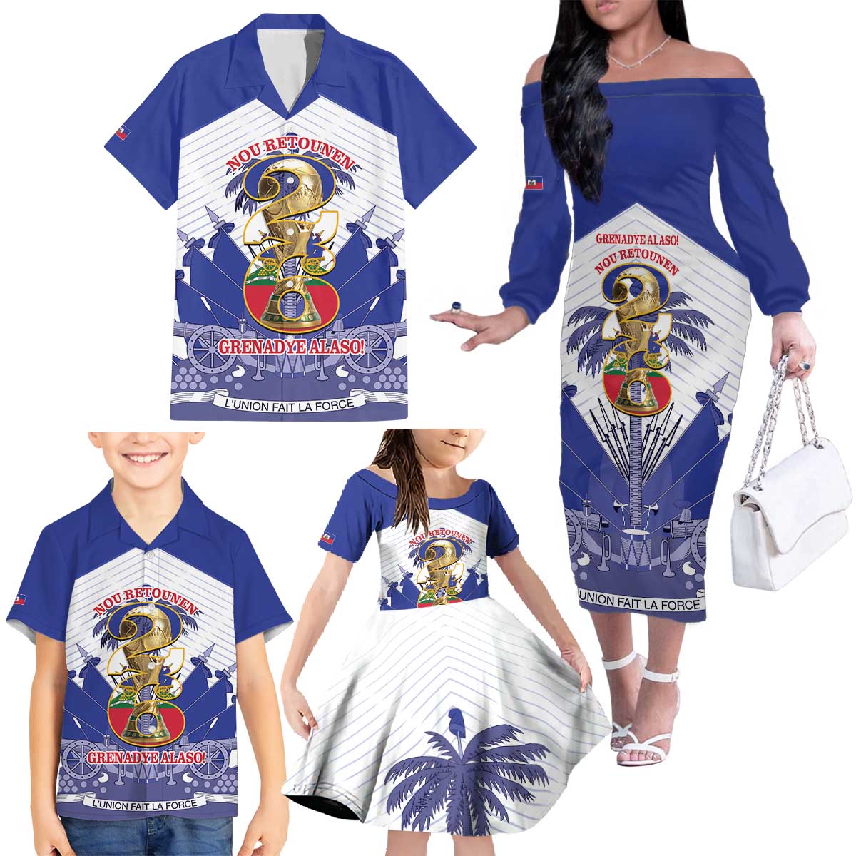 Personalized Les Grenadiers Haiti Football Family Matching Off The Shoulder Long Sleeve Dress and Hawaiian Shirt 2026 Nou Retounen White Version - Wonder Print Shop