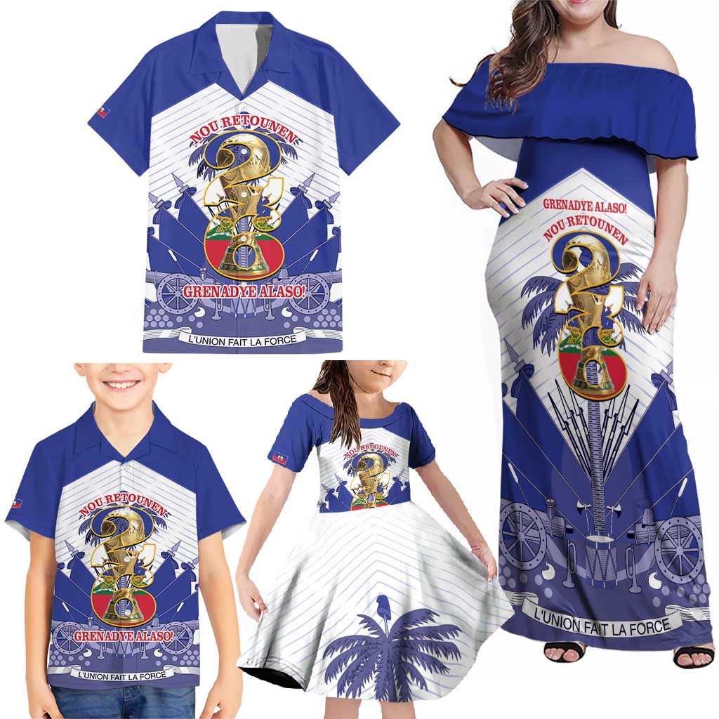 Personalized Les Grenadiers Haiti Football Family Matching Off Shoulder Maxi Dress and Hawaiian Shirt 2026 Nou Retounen White Version - Wonder Print Shop