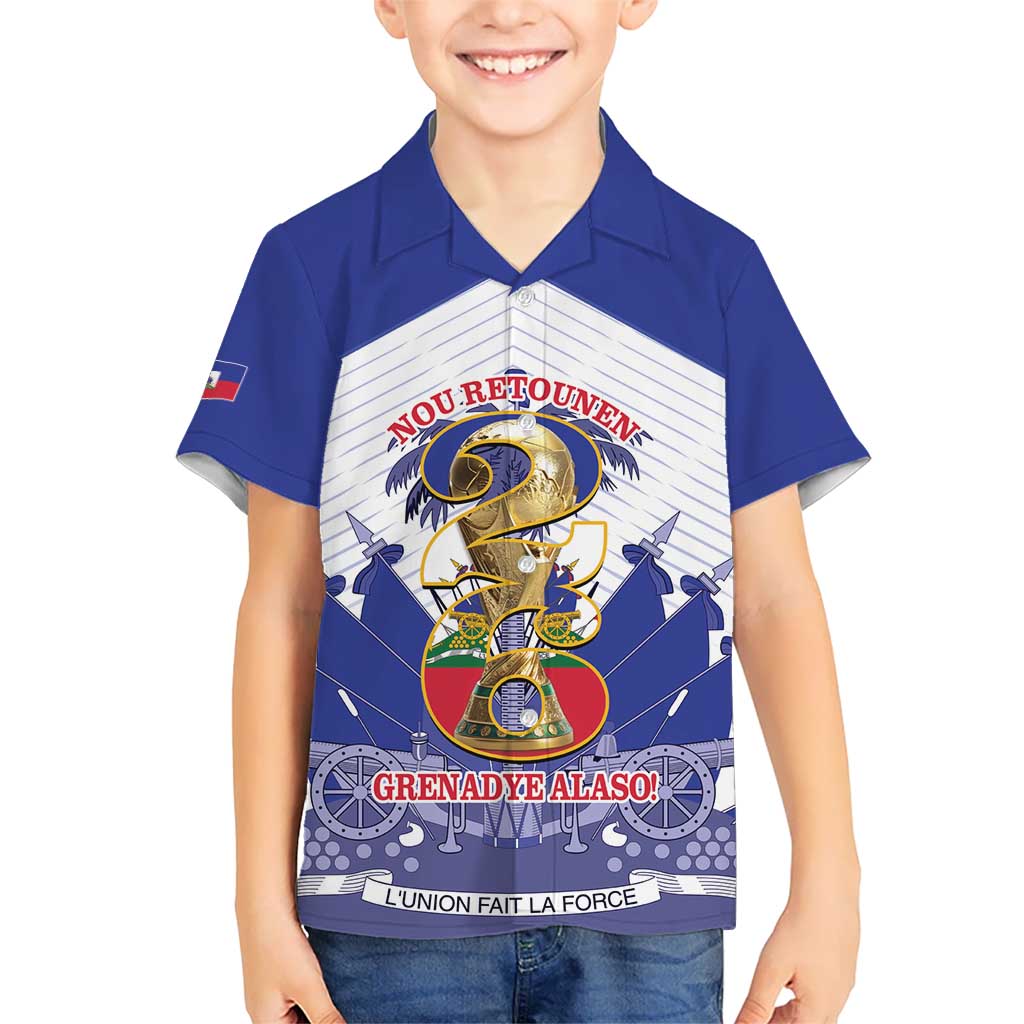 Personalized Les Grenadiers Haiti Football Kid Hawaiian Shirt 2026 Nou Retounen White Version - Wonder Print Shop
