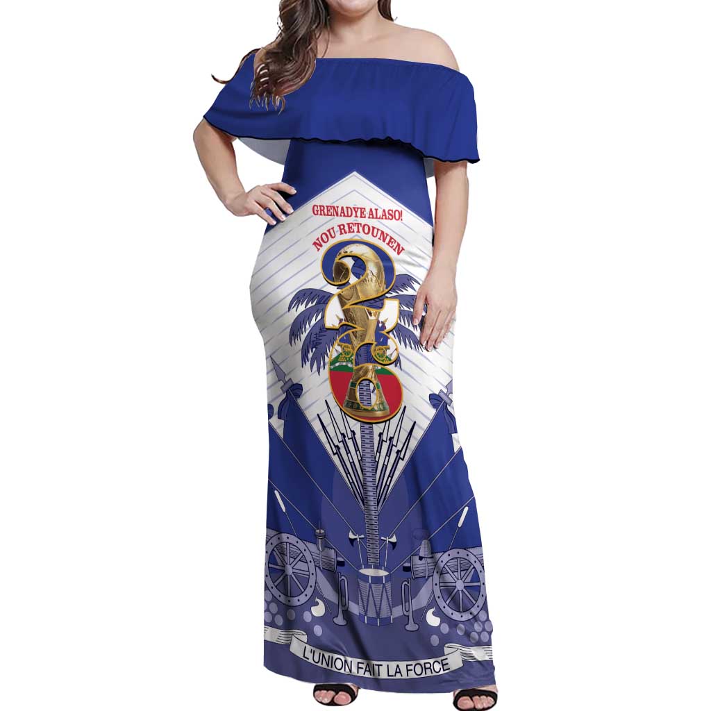 Personalized Les Grenadiers Haiti Football Off Shoulder Maxi Dress 2026 Nou Retounen White Version - Wonder Print Shop