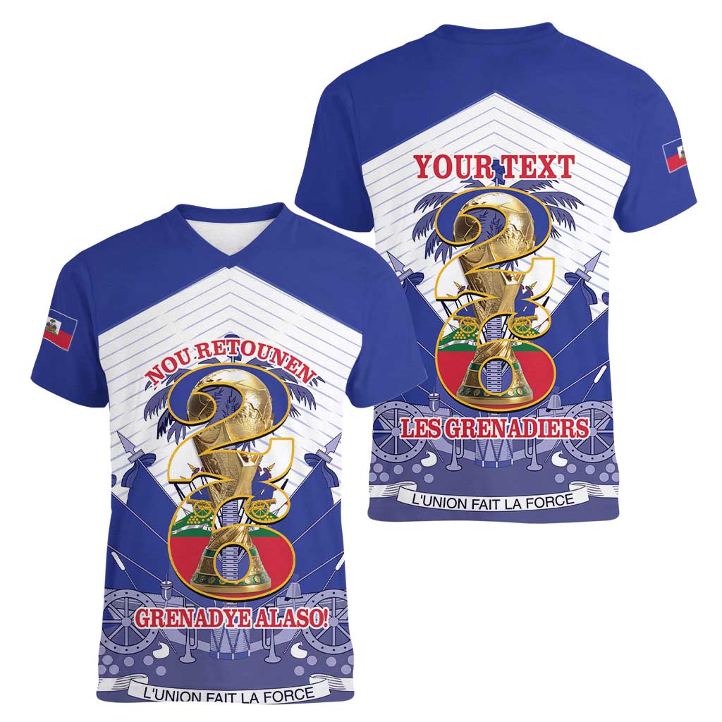 Personalized Les Grenadiers Haiti Football Women V-Neck T-Shirt 2026 Nou Retounen White Version - Wonder Print Shop