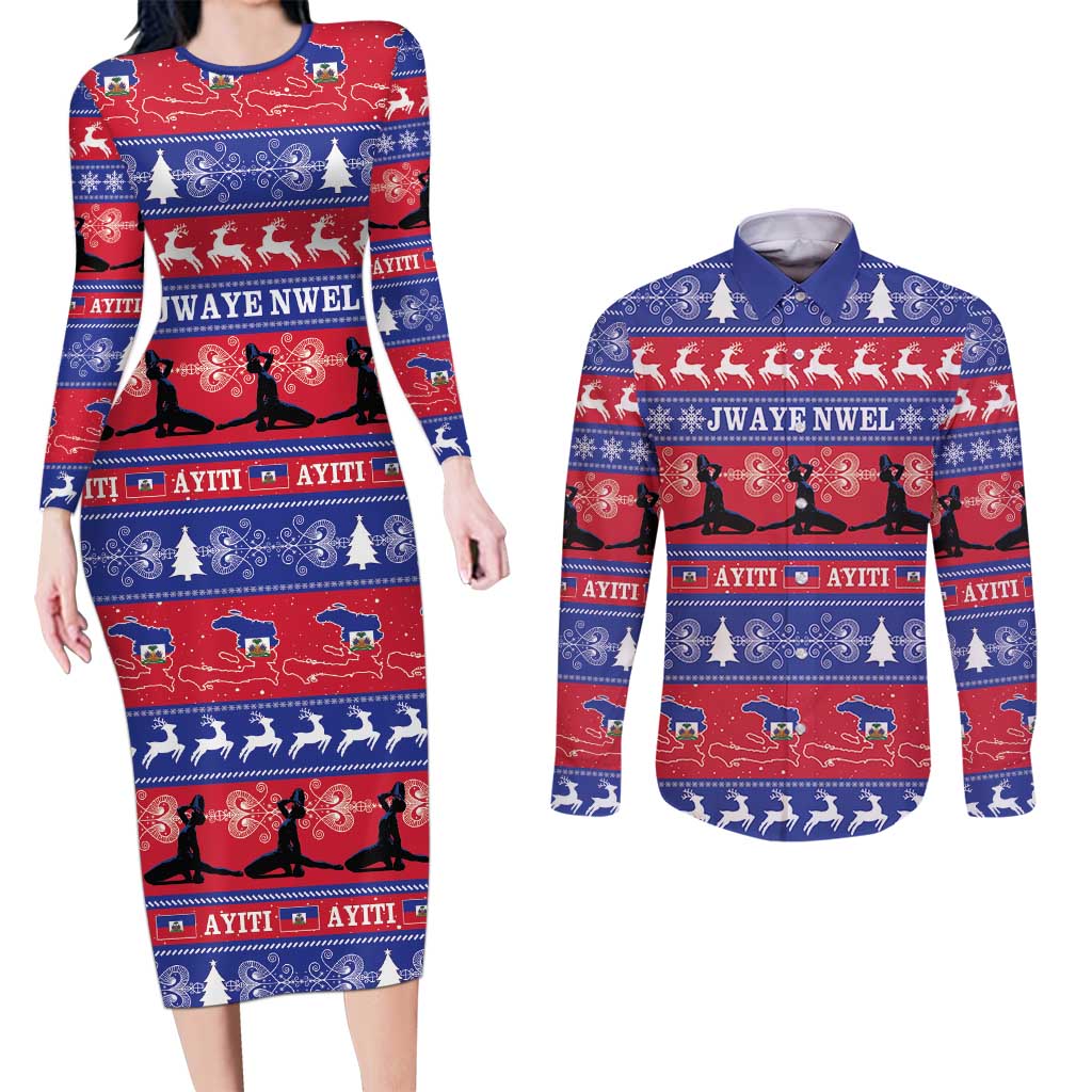 Haiti Christmas Couples Matching Long Sleeve Bodycon Dress and Long Sleeve Button Shirt Jwaye Nwel Ayiti Neg Marron Veve Vodou - Wonder Print Shop