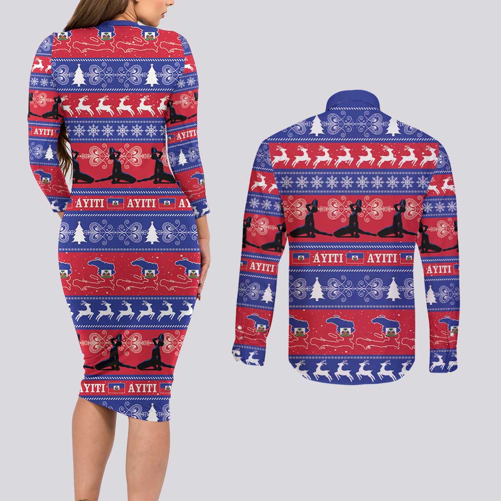 Haiti Christmas Couples Matching Long Sleeve Bodycon Dress and Long Sleeve Button Shirt Jwaye Nwel Ayiti Neg Marron Veve Vodou - Wonder Print Shop