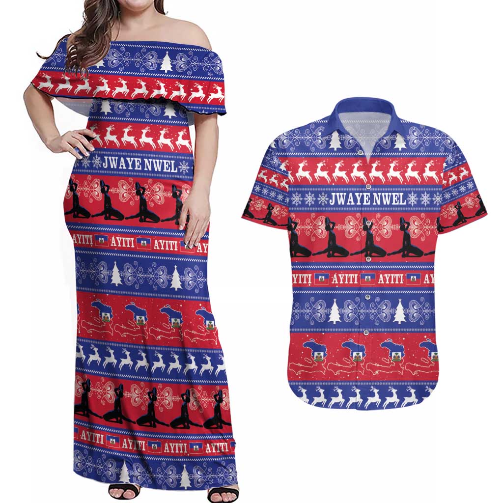Haiti Christmas Couples Matching Off Shoulder Maxi Dress and Hawaiian Shirt Jwaye Nwel Ayiti Neg Marron Veve Vodou - Wonder Print Shop
