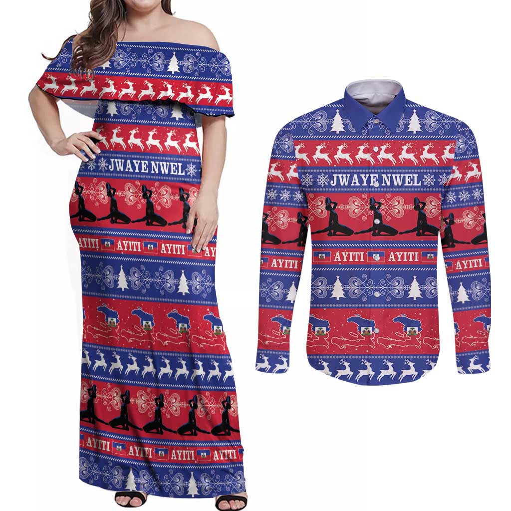 Haiti Christmas Couples Matching Off Shoulder Maxi Dress and Long Sleeve Button Shirt Jwaye Nwel Ayiti Neg Marron Veve Vodou - Wonder Print Shop