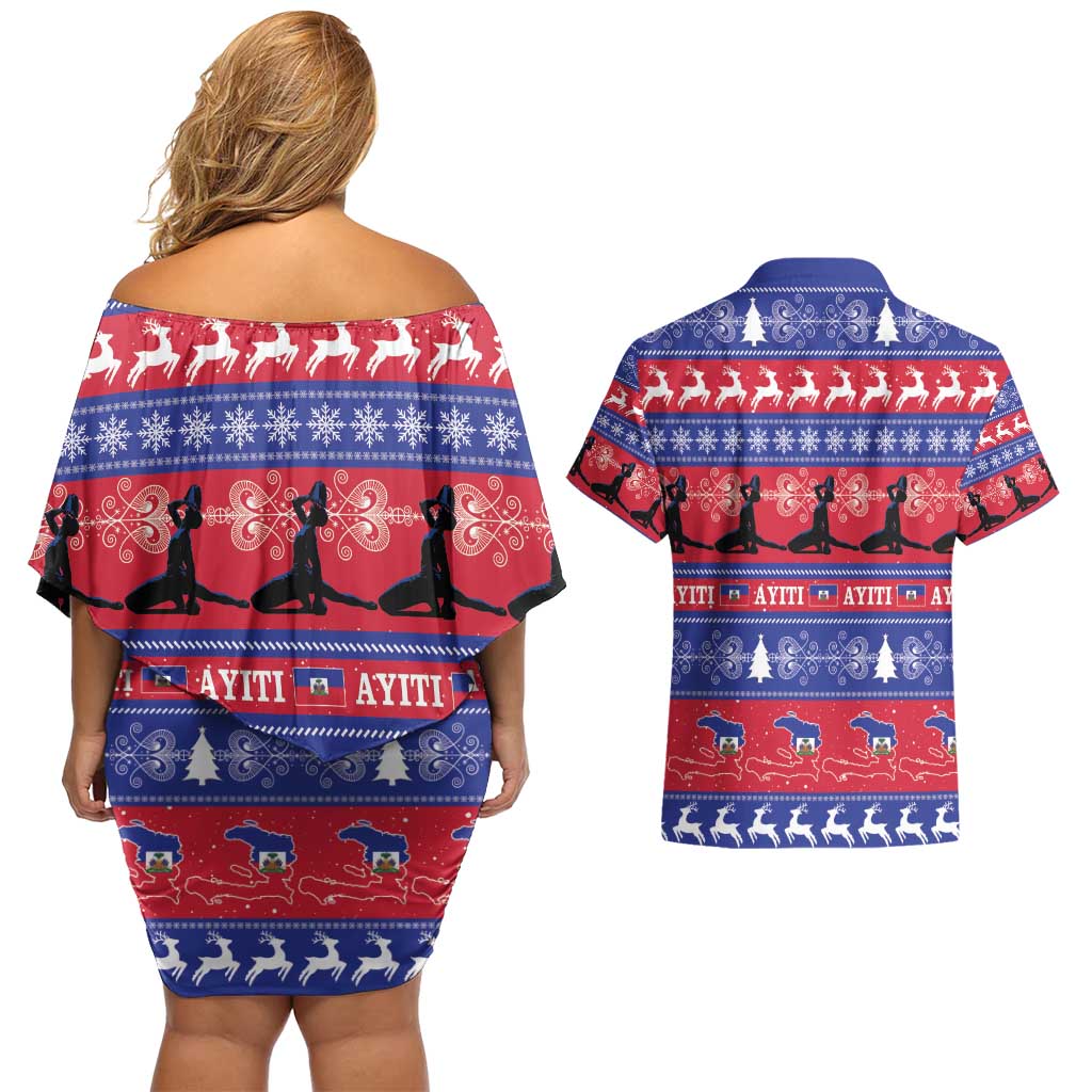 Haiti Christmas Couples Matching Off Shoulder Short Dress and Hawaiian Shirt Jwaye Nwel Ayiti Neg Marron Veve Vodou - Wonder Print Shop