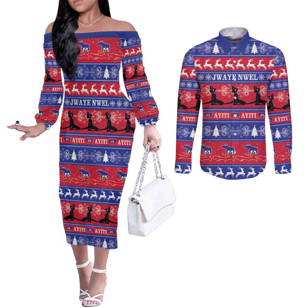 Haiti Christmas Couples Matching Off The Shoulder Long Sleeve Dress and Long Sleeve Button Shirt Jwaye Nwel Ayiti Neg Marron Veve Vodou - Wonder Print Shop