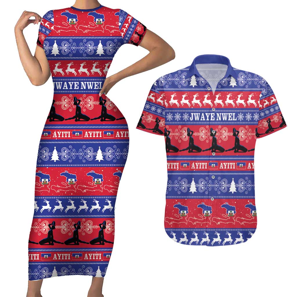 Haiti Christmas Couples Matching Short Sleeve Bodycon Dress and Hawaiian Shirt Jwaye Nwel Ayiti Neg Marron Veve Vodou - Wonder Print Shop